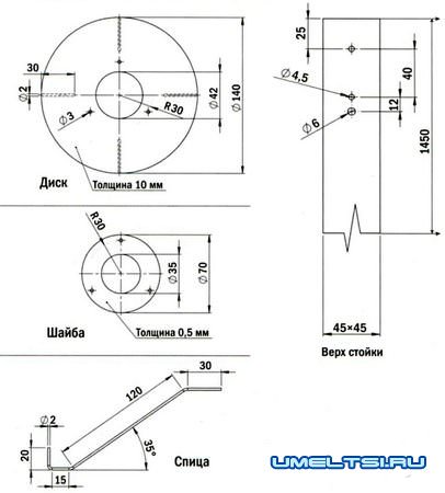 Размеры некоторых деталей торшера