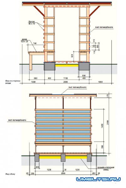 Проект беседки из дерева и поликарбоната, чертежи, фото